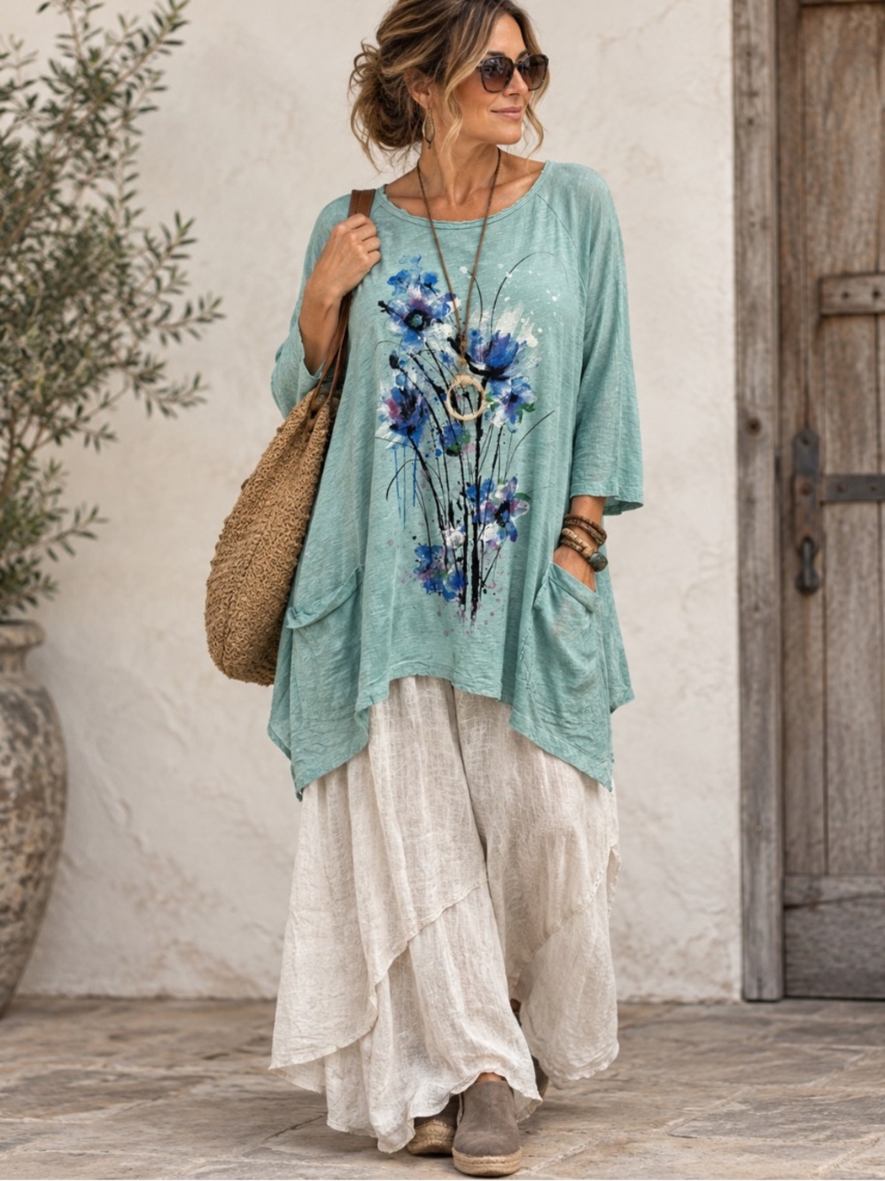 New! Jess & Jane Painter’s Bouquet Pocket Tunic Top 100% Cotton size XL
